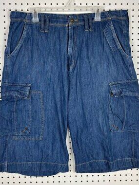 Koman Y2K Baggy Jean Shorts Size 38 Cargo Wide Leg Skater 2000s Stash Pocket 90s